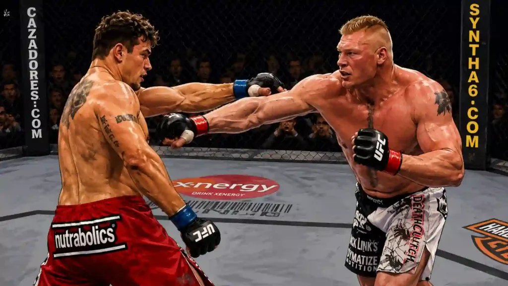 Brock Lesnar landing a powerful punch during his UFC career in an AI illustration