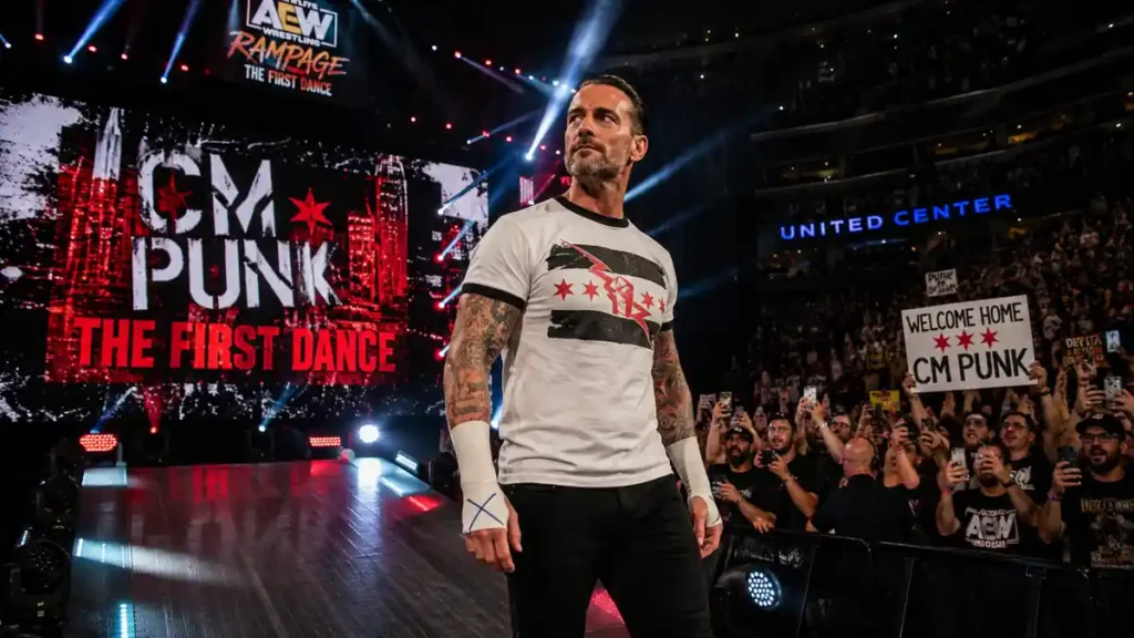 CM Punk standing in the arena on his AEW return at Rampage The First Dance