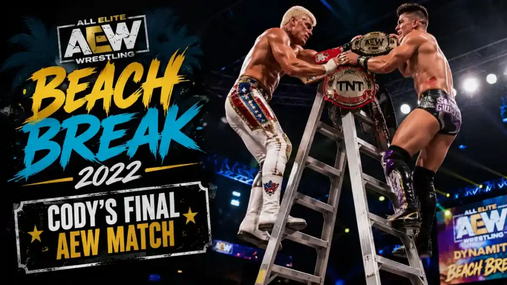 Cody Rhodes battling Sammy Guevara atop a ladder in his final AEW match at Beach Break 2022