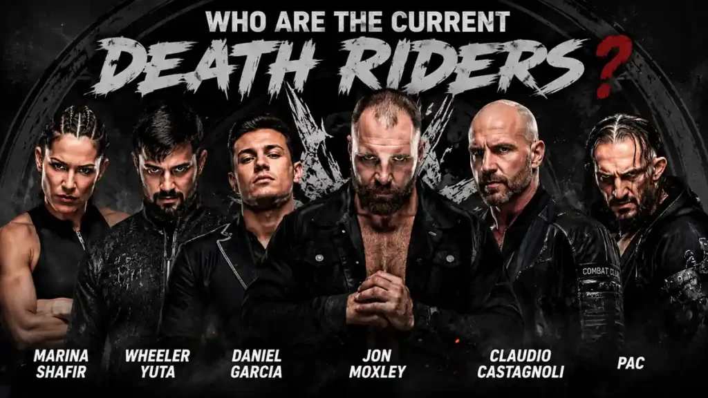 Current AEW Death Riders members Jon Moxley, Claudio Castagnoli, Wheeler Yuta, Daniel Garcia, PAC and Marina Shafir
