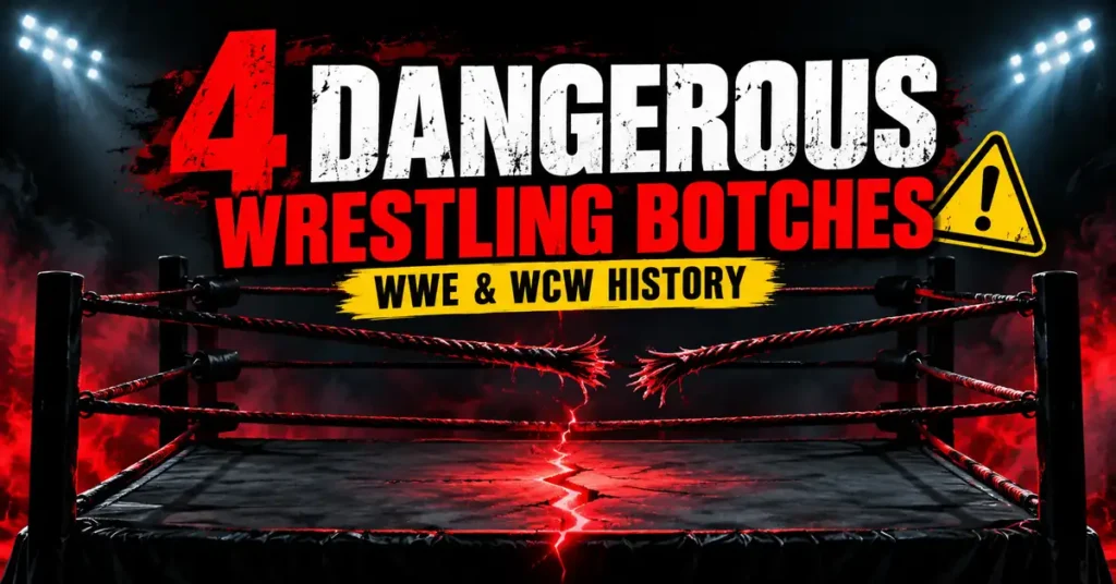 Dangerous wrestling botches in WWE and WCW history illustrated with an empty wrestling ring and red warning glow