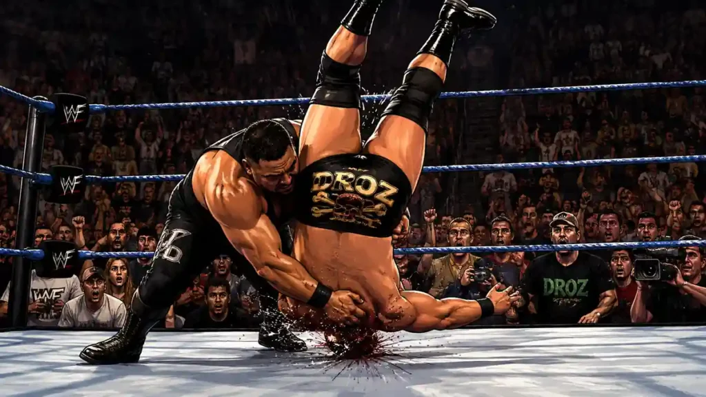 AI illustration of Droz botched powerbomb wrestling accident in the ring