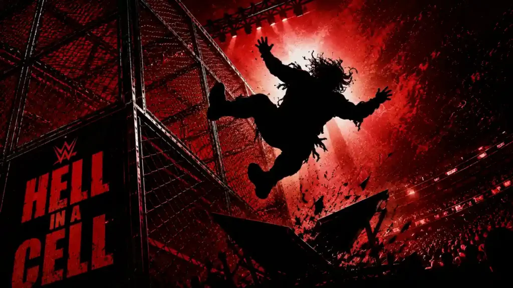 Abstract illustration of a wrestler silhouette falling from a Hell in a Cell cage, inspired by WWE's most iconic Cell moments.