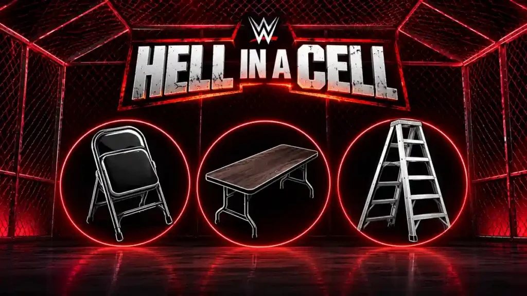 Minimal infographic illustration of a Hell in a Cell cage featuring iconic WWE weapon icons including a steel chair, table, and ladder.