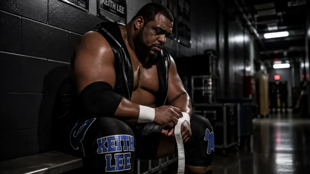 Keith Lee sitting backstage and taping his wrists in a dim wrestling arena hallway