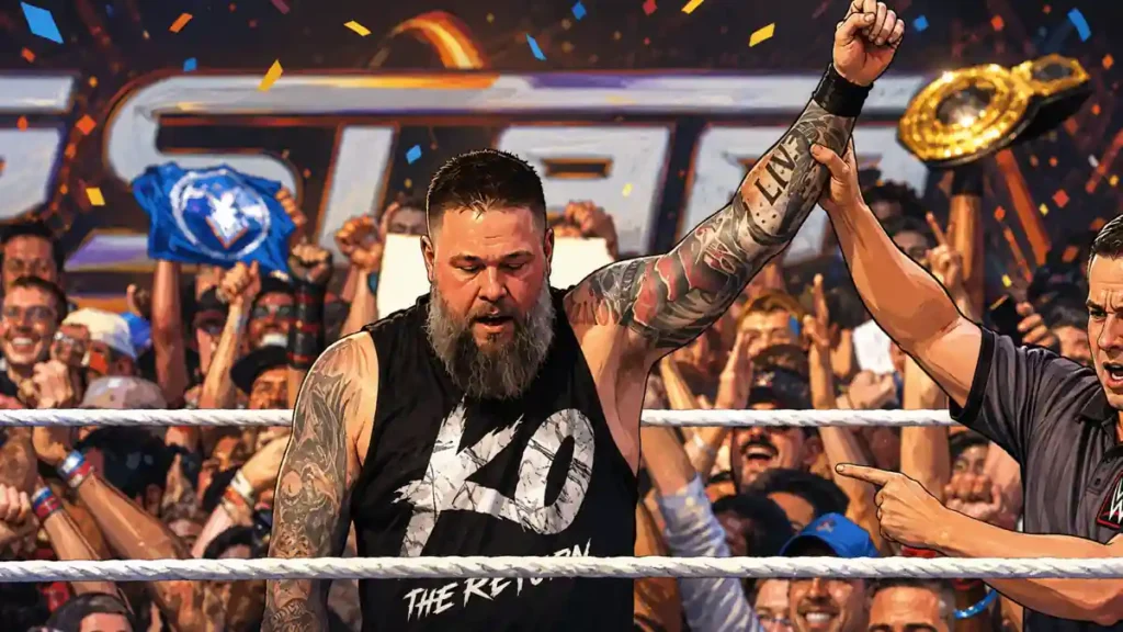 **Image Alt Text:**Kevin Owens celebrates his WWE SummerSlam 2026 return in an AI illustration as the referee raises his hand inside a packed arena.