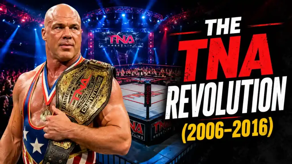 Kurt Angle posing with the TNA World Heavyweight Championship belt in the six-sided ring