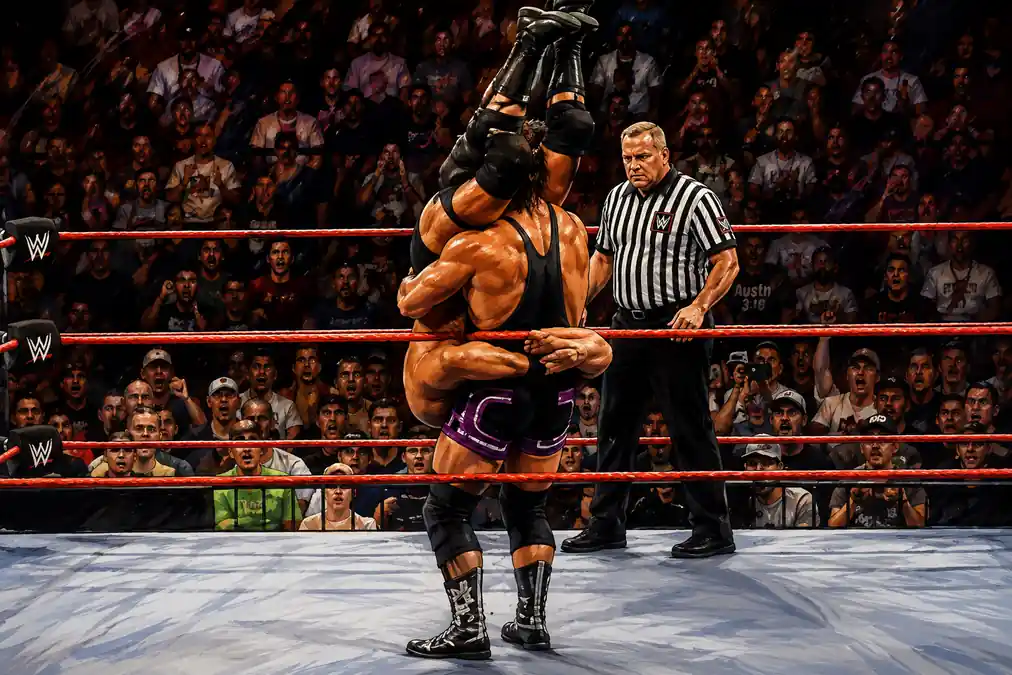 Stylized wrestling illustration showing a dangerous piledriver botch in the ring
