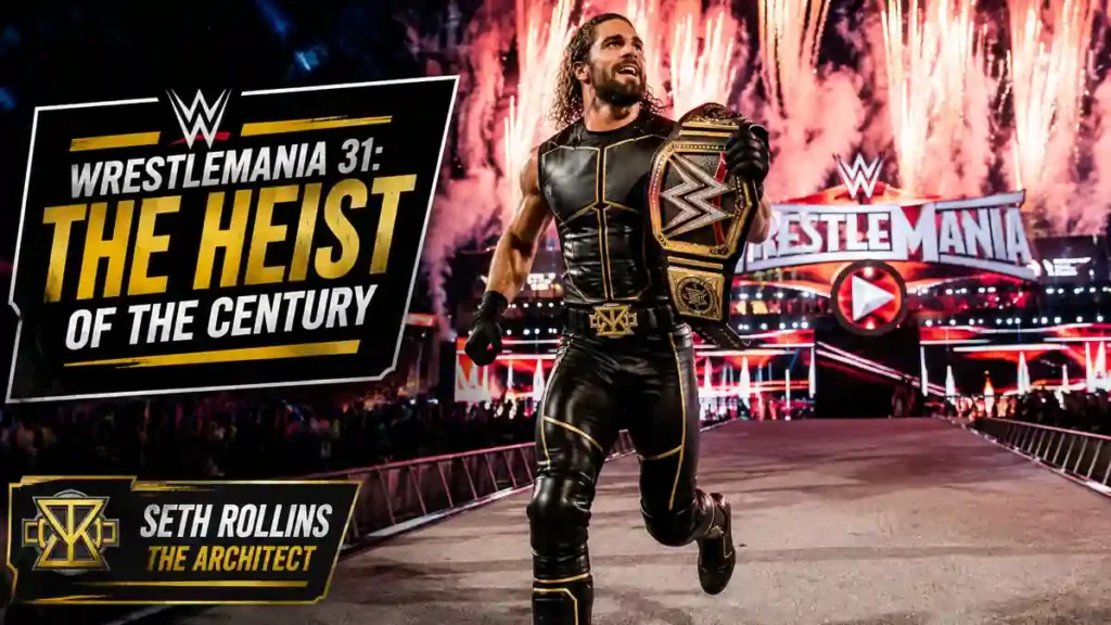 Seth Rollins cashing in Money in the Bank at WrestleMania 31 as The Architect