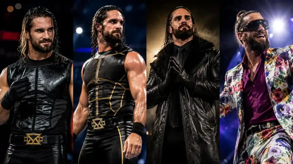Seth Rollins holding the WWE World Heavyweight Championship in flamboyant designer suit