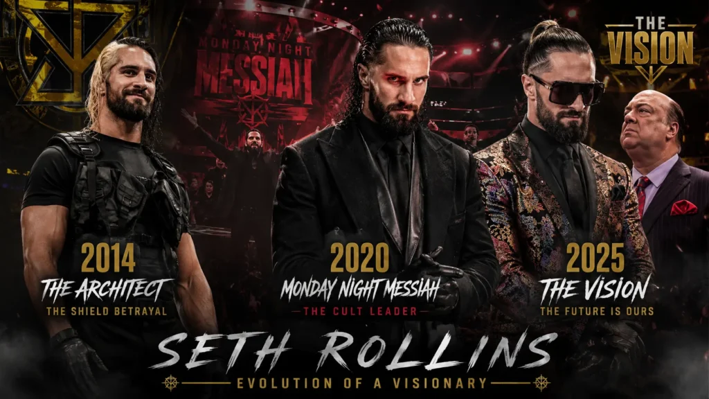 Seth Rollins heel turns collage showing The Architect, Monday Night Messiah, and The Vision eras