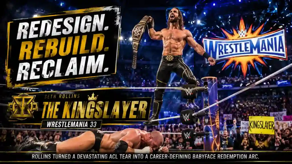 Seth Rollins celebrating victory over Triple H at WrestleMania 33 as The Kingslayer