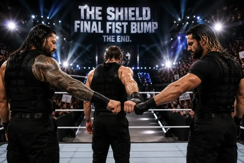 The Shield shares its final fist bump after their farewell match in 2019, marking the end of one of WWE's greatest factions – AI illustration