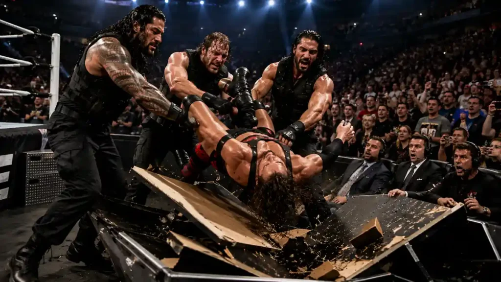 The Shield executing the Triple Powerbomb through the announce table at TLC 2012