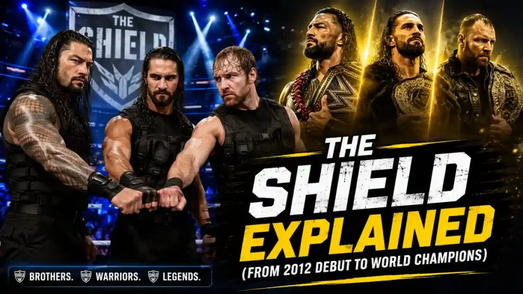 The Shield members Roman Reigns Seth Rollins and Dean Ambrose doing their fist bump pose in WWE