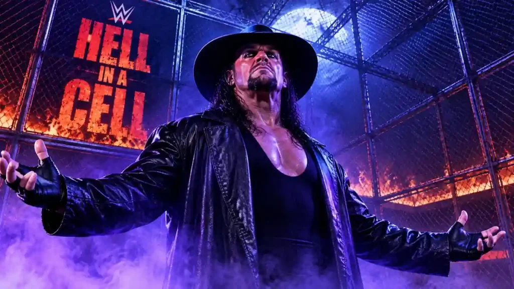 Illustration of The Undertaker standing inside the Hell in a Cell steel cage during one of WWE's most iconic matches.