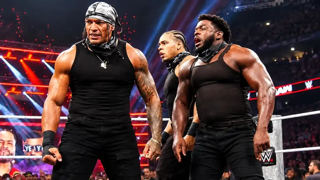 Royce Keys OTM WWE alliance graphic featuring Bronco Nima and Lucien Price standing together