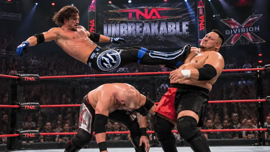 AJ Styles uses Christopher Daniels as a launchpad to dropkick Samoa Joe at TNA Unbreakable 2005