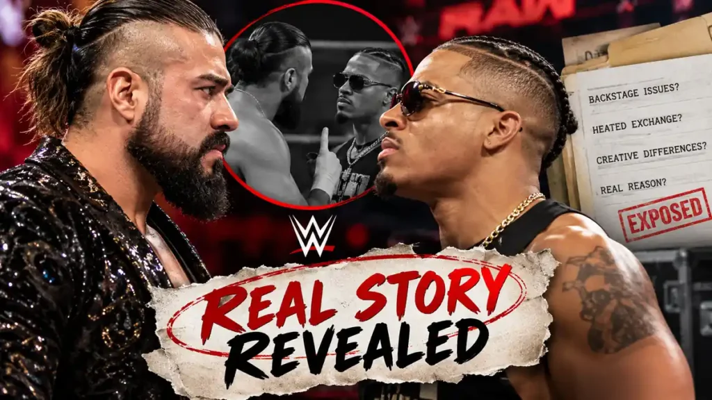 Andrade Carmelo Hayes WWE drama graphic featuring Andrade and Carmelo Hayes