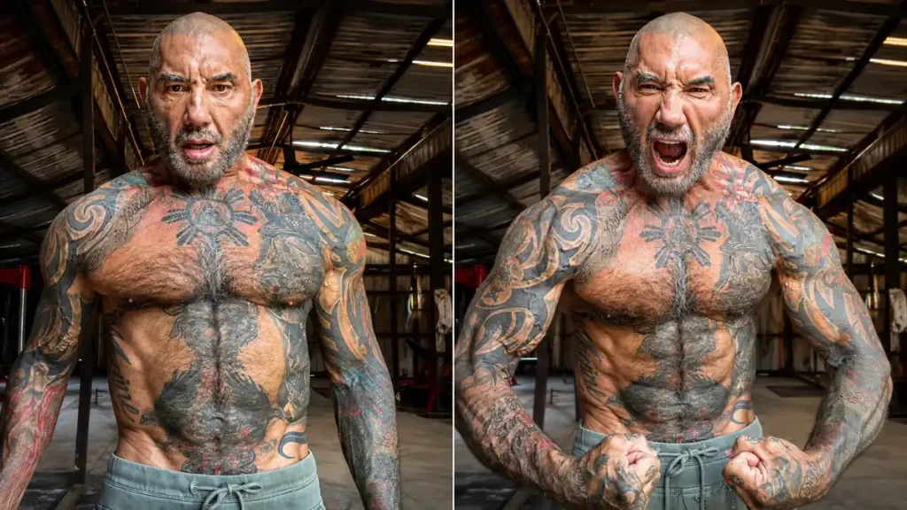 Dave Bautista gym workout video showing physique transformation for Kratos role in God of War