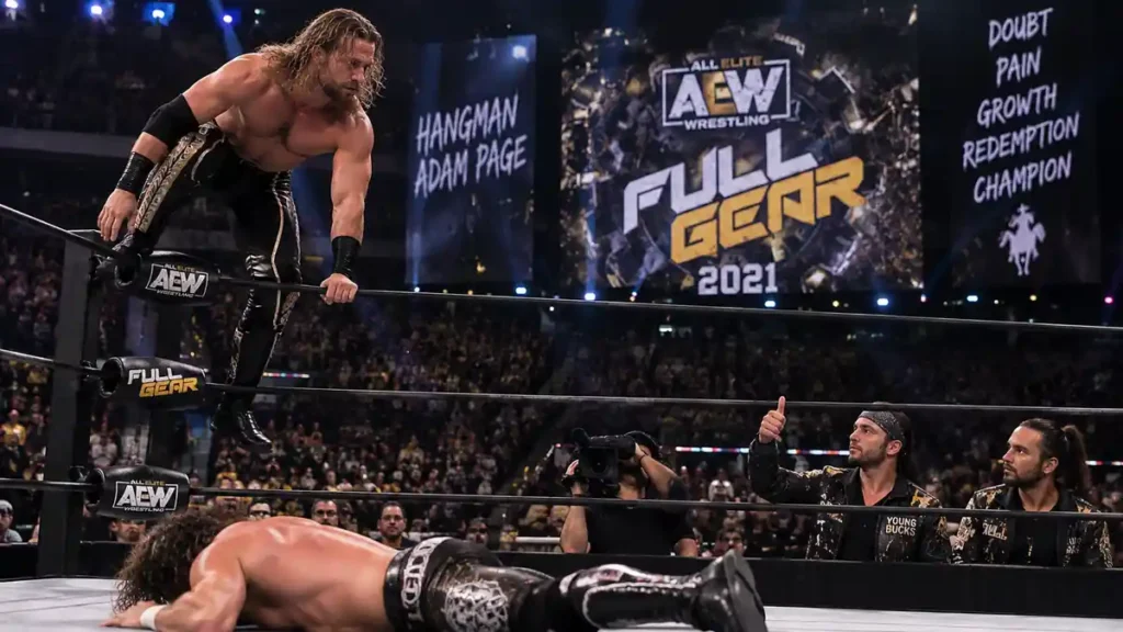 Hangman Adam Page setting up the Buckshot Lariat in the Hangman Adam Page AEW storyline at Full Gear