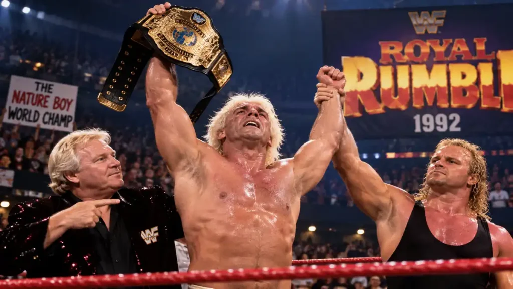 Ric Flair winning the world championship in Royal Rumble match history in 1992