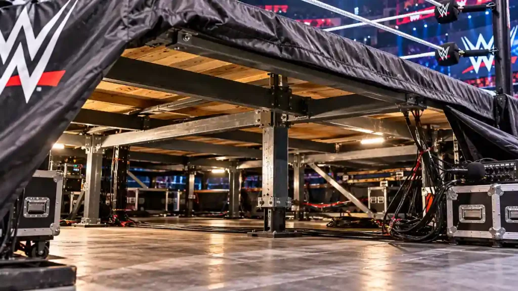 View beneath the wrestling ring apron showing support beams and arena audio equipment staging