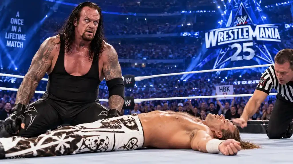 The Undertaker reacting in disbelief after Shawn Michaels kicks out at WrestleMania 25
