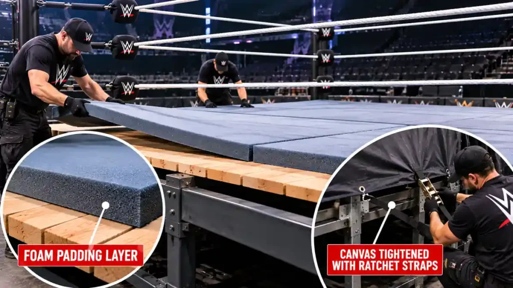 High density foam padding laid over wood boards before the ring canvas cover is pulled taut