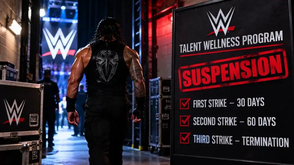 Backstage arena hallway representing WWE talent suspensions and policy strike penalties