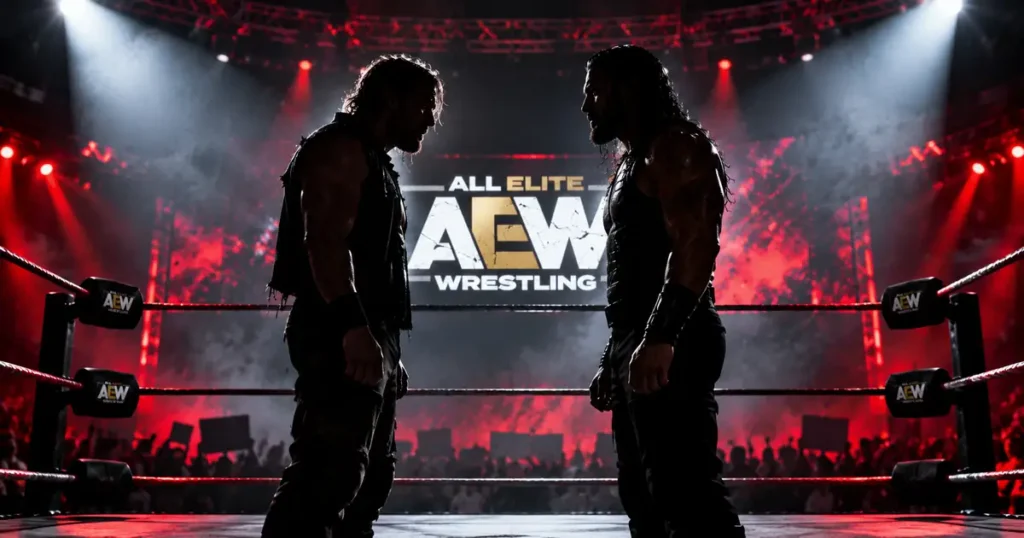 Two wrestler silhouettes facing off in a dimly lit ring