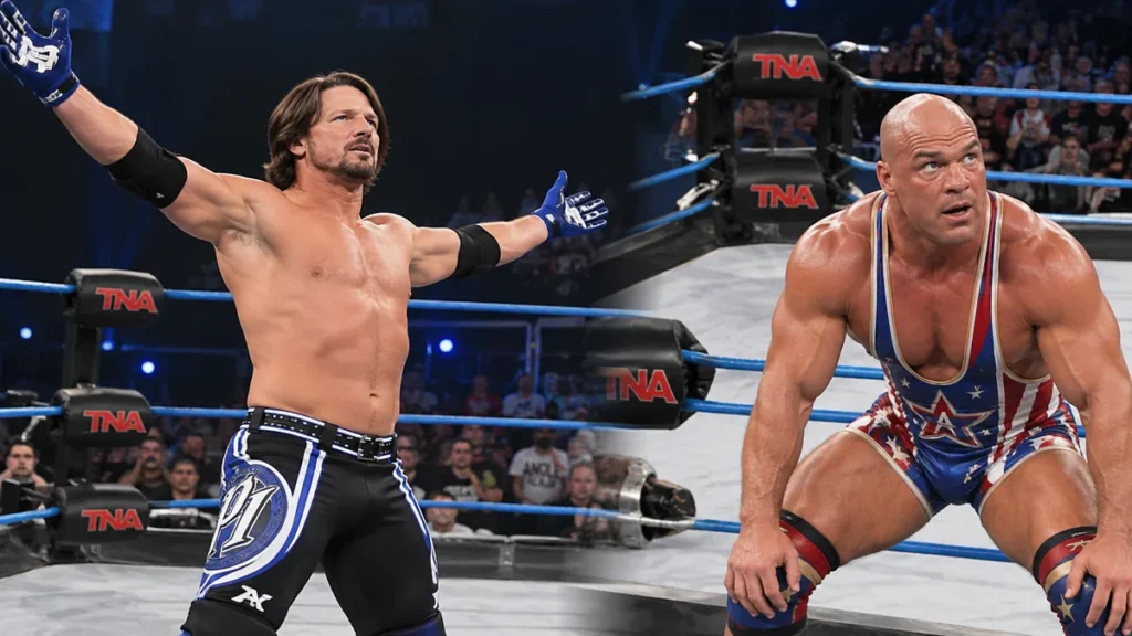 AJ Styles and Kurt Angle in a TNA-style six-sided wrestling ring.