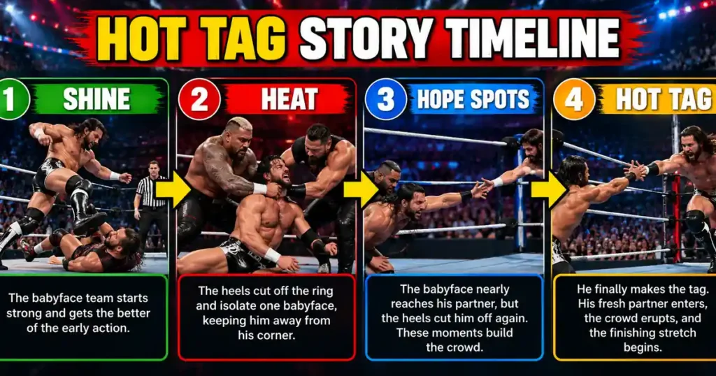 Timeline showing the four stages of a hot tag: shine, heat, hope spots and the hot tag