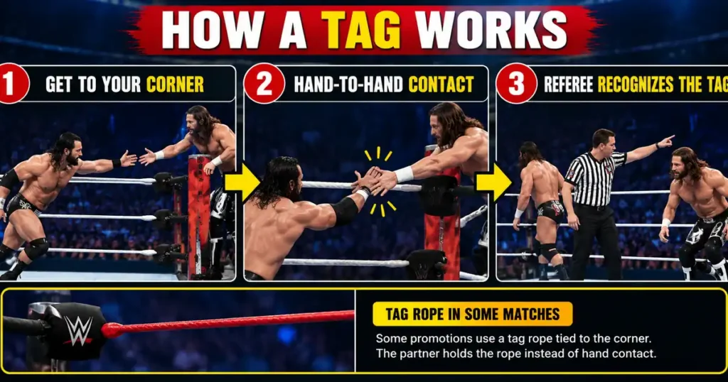 Three-step graphic showing how a valid tag works in tag team wrestling