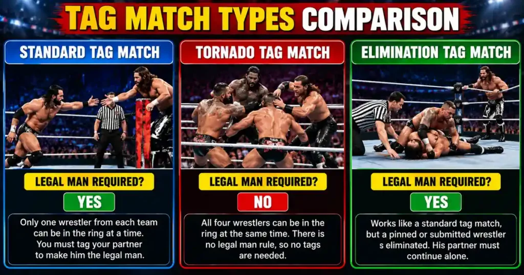 Comparison of standard, tornado and elimination tag team matches