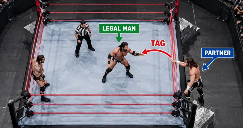 Tag team wrestling rules diagram showing the legal man in the ring and his partner on the apron