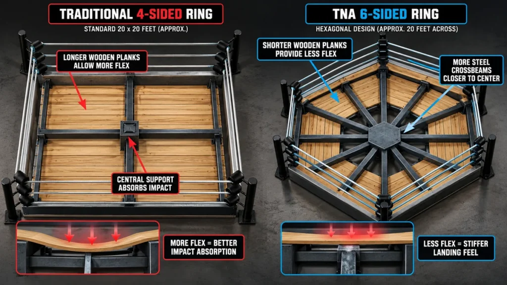 Technical illustration comparing the frame layouts of traditional four-sided and TNA six-sided wrestling rings.