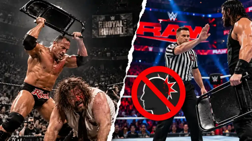 Split image comparing an Attitude Era steel chair shot with modern WWE in-ring safety protocols