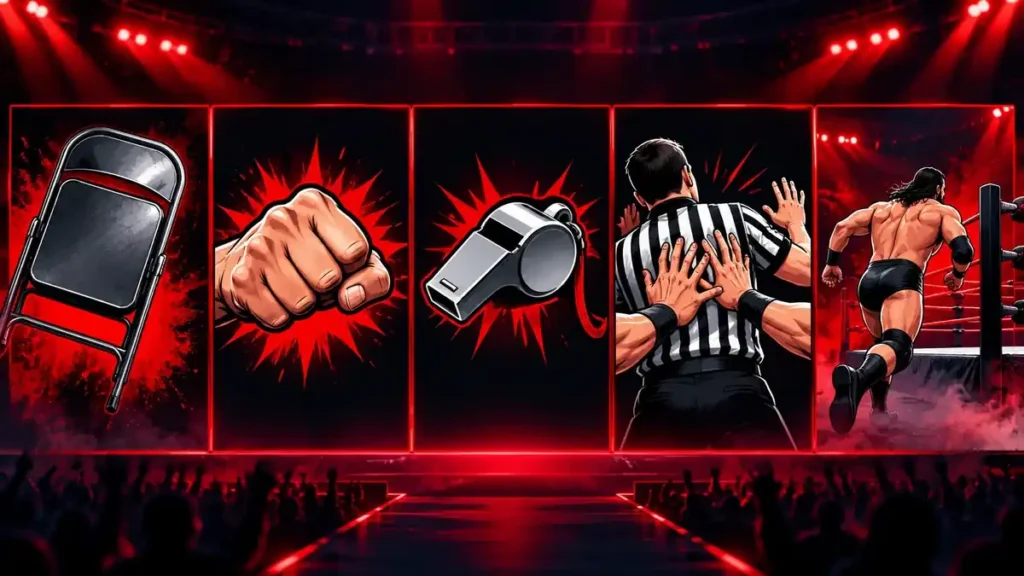 WWE disqualification rules infographic showing common DQ causes like weapons and low blows