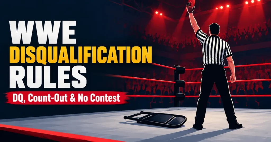 WWE disqualification rules explained: referee signaling a DQ in a wrestling ring