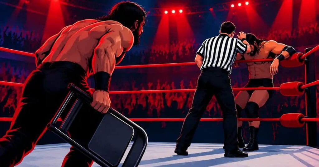 WWE disqualification rules and the referee's role: a referee turned away while a wrestler cheats